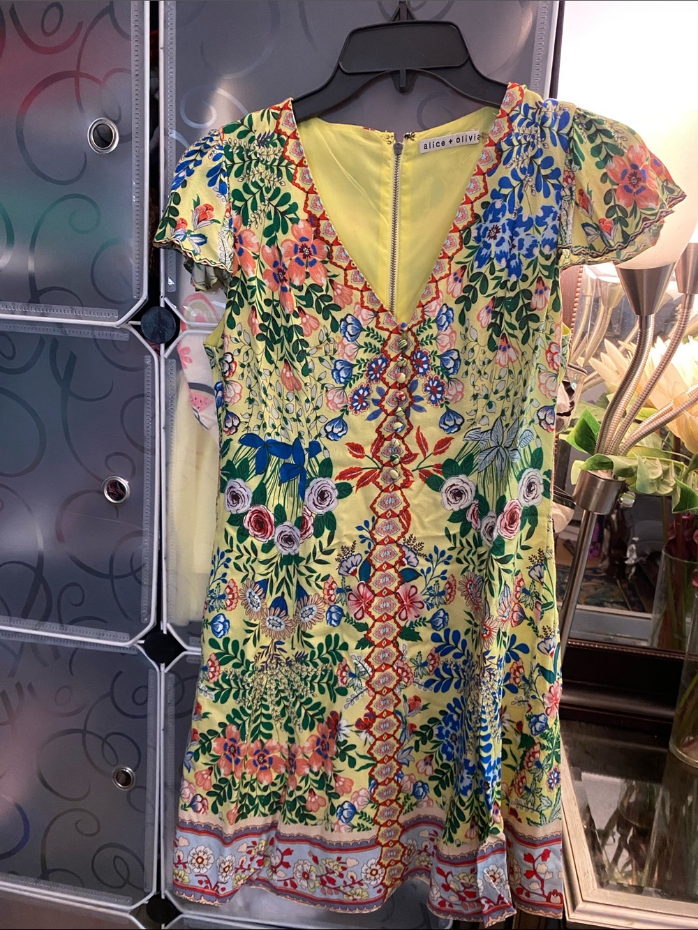Alice + Olivia Yellow Floral V-Neck Dress with Multicolor Print